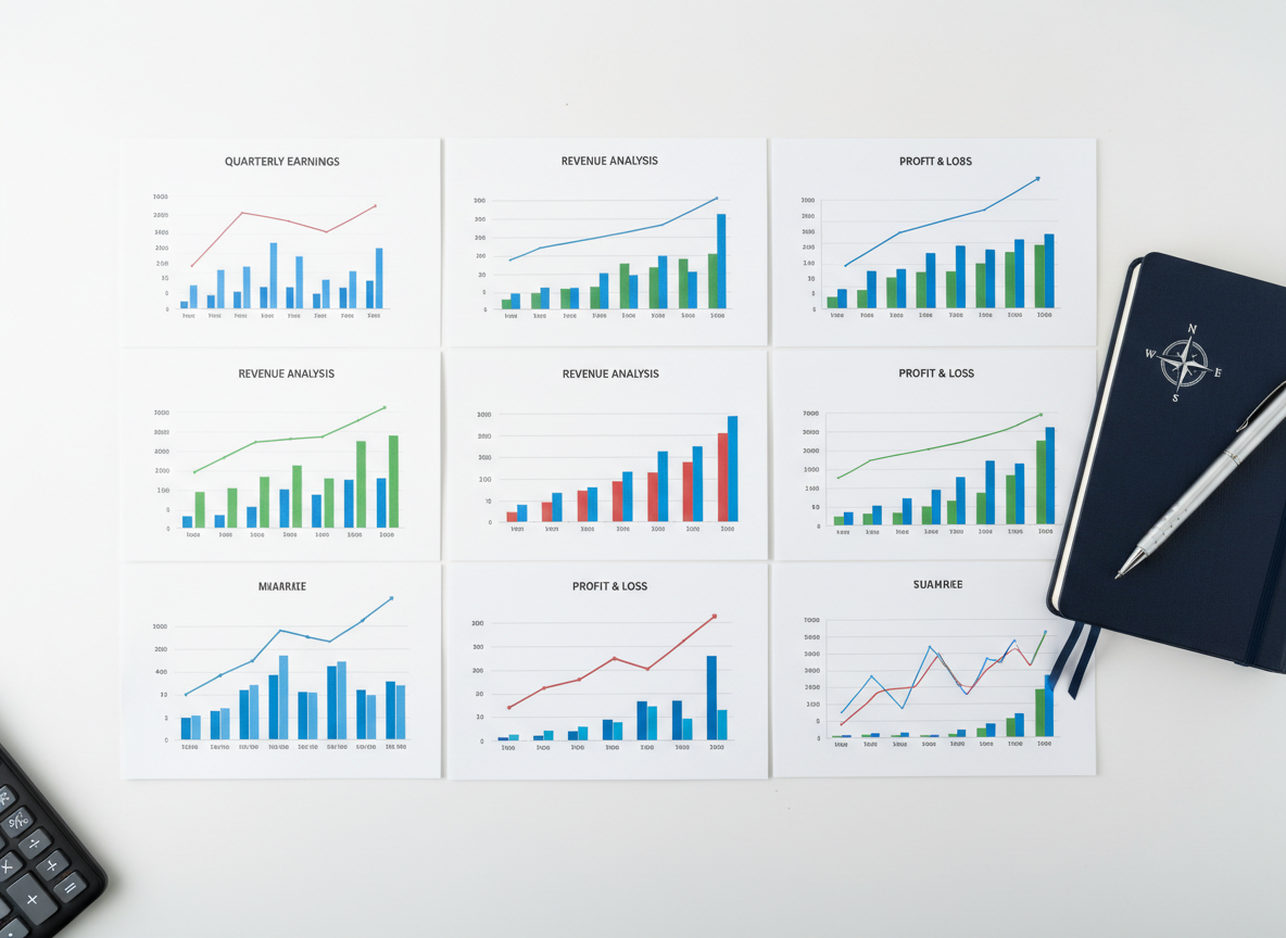 A close-up overhead view of a smooth white workspace where several printed financial statements are laid out in a precise grid, each page featuring clear, colorful bar charts and profit trend lines. A navy-blue notebook with an embossed cover rests to the side, partially open, with a polished silver pen poised neatly across it. A matte-black calculator sits at the frame’s edge, its keys catching subtle highlights. Natural diffused light from above creates minimal shadows and a soft, even tone, enhancing legibility and order. The composition uses rule-of-thirds framing with sharp focus throughout, evoking clarity, structure, and confidence. The photographic style is clean and modern, perfectly reflecting meticulous bookkeeping and actionable business data.