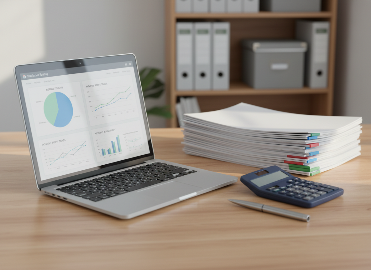 A meticulously organized wooden desk with a smooth, light oak surface, hosting an open silver laptop displaying a clean bookkeeping dashboard full of clearly labeled charts and profit graphs. Beside it, a neat stack of crisp white financial reports with colored tabs aligns perfectly with a dark blue calculator and a gleaming metal pen. In the background, a blurred shelf of labeled binders and storage boxes suggests long-term financial records. Soft morning daylight pours in from an unseen window, creating subtle reflections on the laptop screen and gentle shadows along the papers. Photographic realism, shot at eye level with a shallow depth of field, conveys a professional, calm, and trustworthy atmosphere ideal for a small business bookkeeping website.