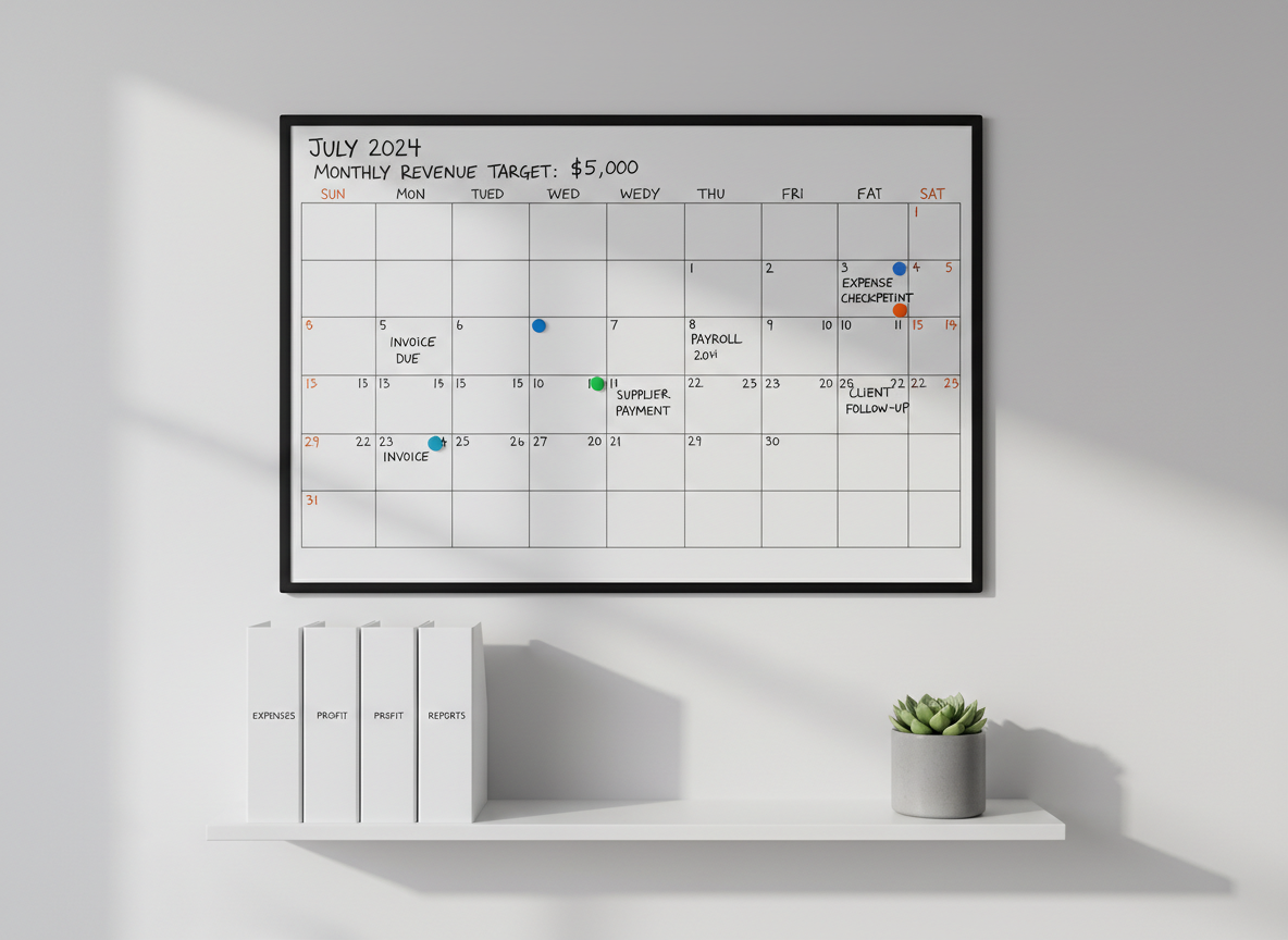A wall-mounted, minimalist whiteboard calendar in a modern office setting, filled with neatly written monthly revenue targets, expense checkpoints, and colored magnetic markers indicating key bookkeeping dates. Below, a slim white floating shelf holds uniform binders with tidy spine labels reading “Expenses,” “Profit,” and “Reports,” along with a single small plant in a matte gray pot for a touch of calm. Soft, indirect daylight from the side creates gentle gradients across the whiteboard surface, enhancing the marker colors but avoiding glare. Captured straight-on with photographic realism and sharp focus, the composition feels structured, balanced, and professional, symbolizing proactive planning and profit-focused bookkeeping support for small businesses.